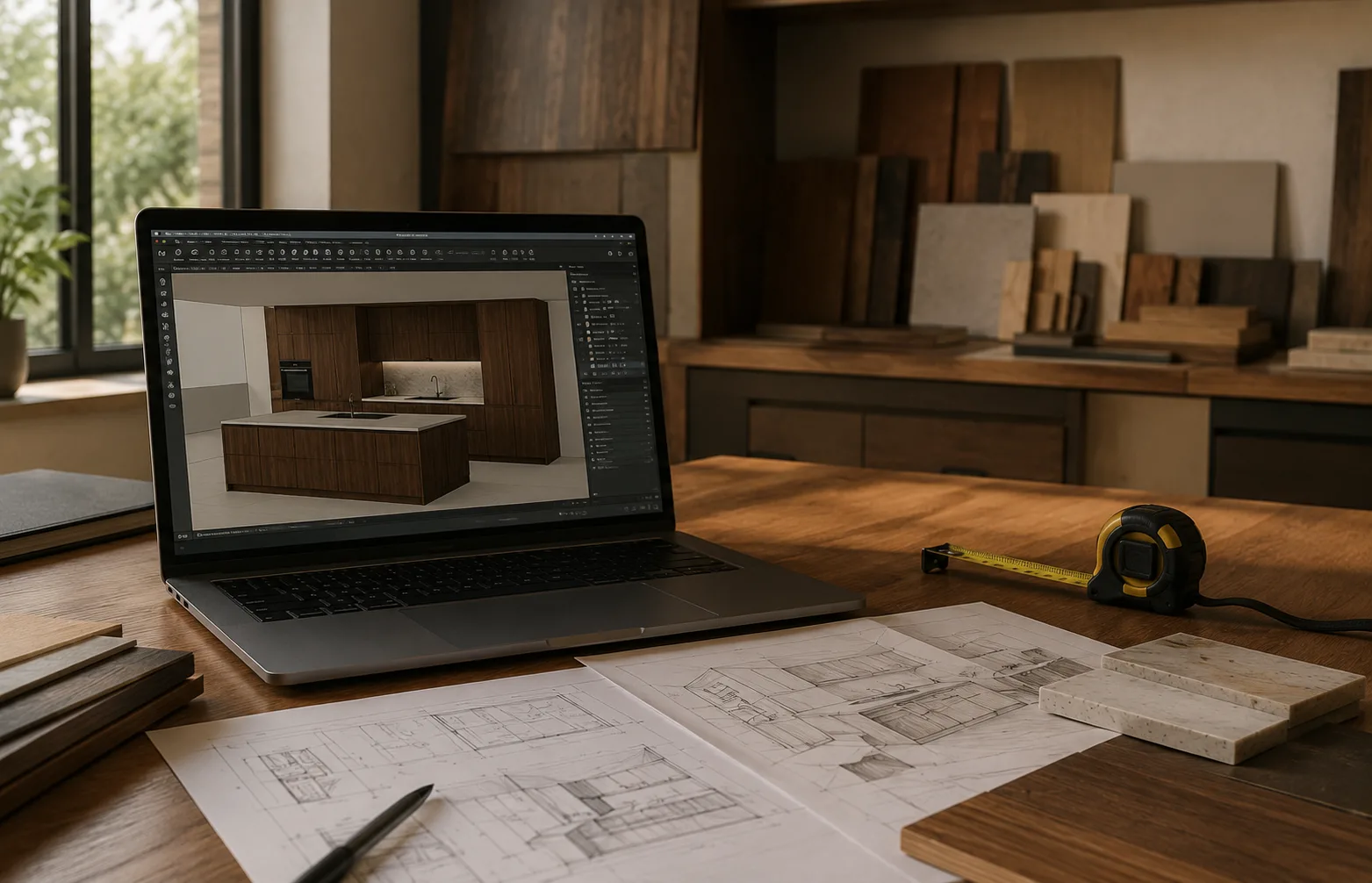 Randare 3D fotorealistă a unei mobile de bucătărie personalizate, proiectată la comandă din lemn de nuc masiv