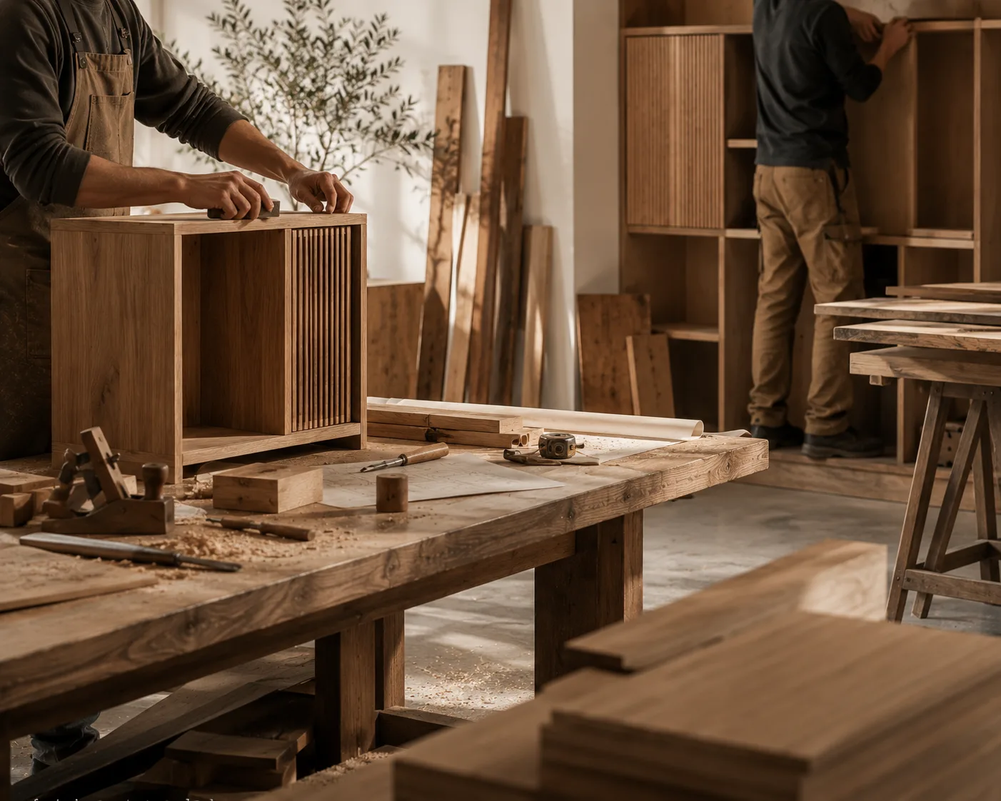 Echipă de tâmplari realizând mobilier din lemn masiv la comandă într-un atelier de producție.